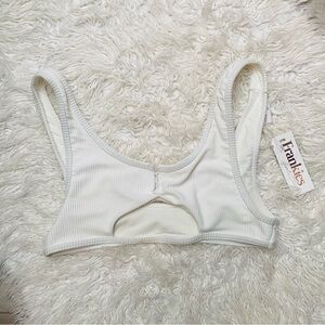 Frankie's Bikinis White Ribbed Scoop Back Bikini Top With Front Cut Out